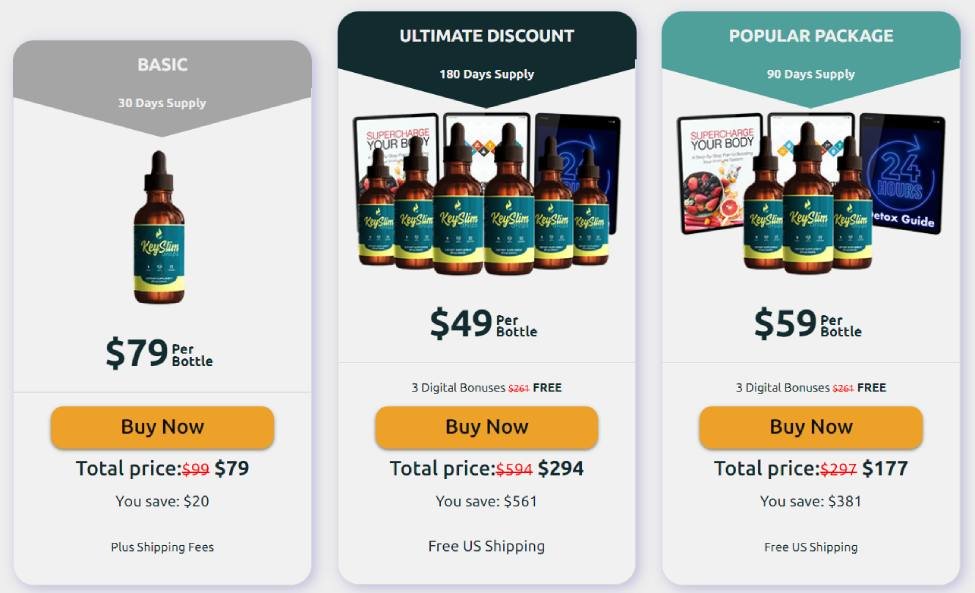 Keyslim Drops pricing options displayed on page